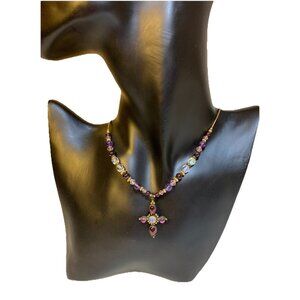 Vtg Purple Plastic Beaded Necklace Cross Pendant Faux Amethyst Garnet Dainty